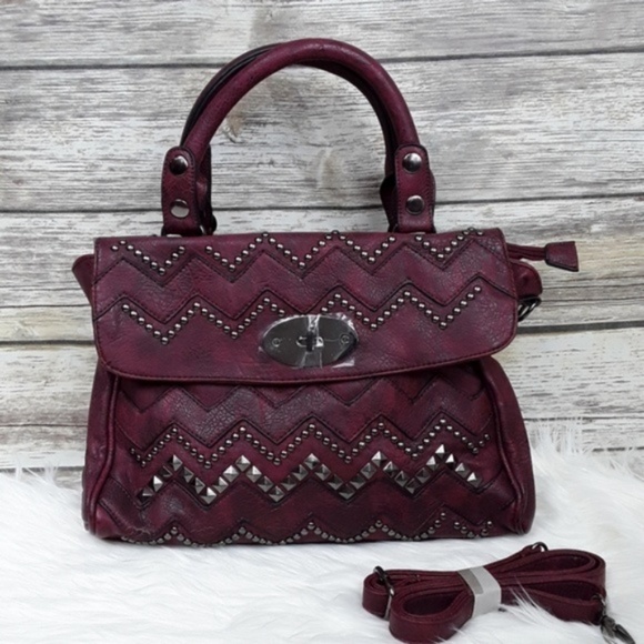 Wine Red Chevron Stud Handbag Purse - Picture 2 of 6